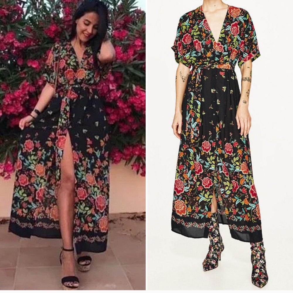 Zara Size M  Printed Kimono Kaftan Blouson Dress Floral Flowers